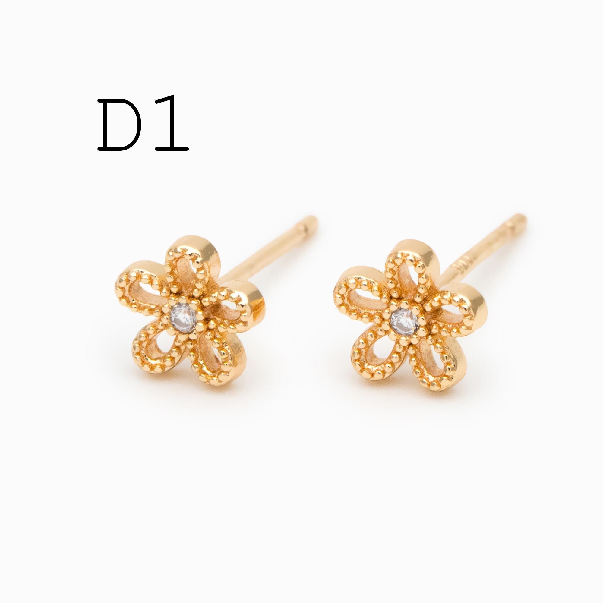 10pcs CZ Pave Gold/ Silver Flower Leaf Earrings, 18K Real Gold/ Rhodium Plated Brass, Dainty Stud Earrings (GB-3381)